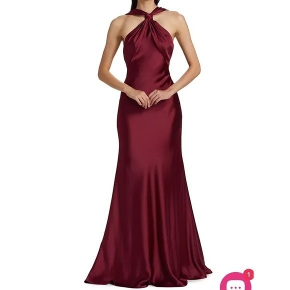 ML Monique Lhuillier Mallory Satin Halter Gown Burgundy Red Formal Dress 4